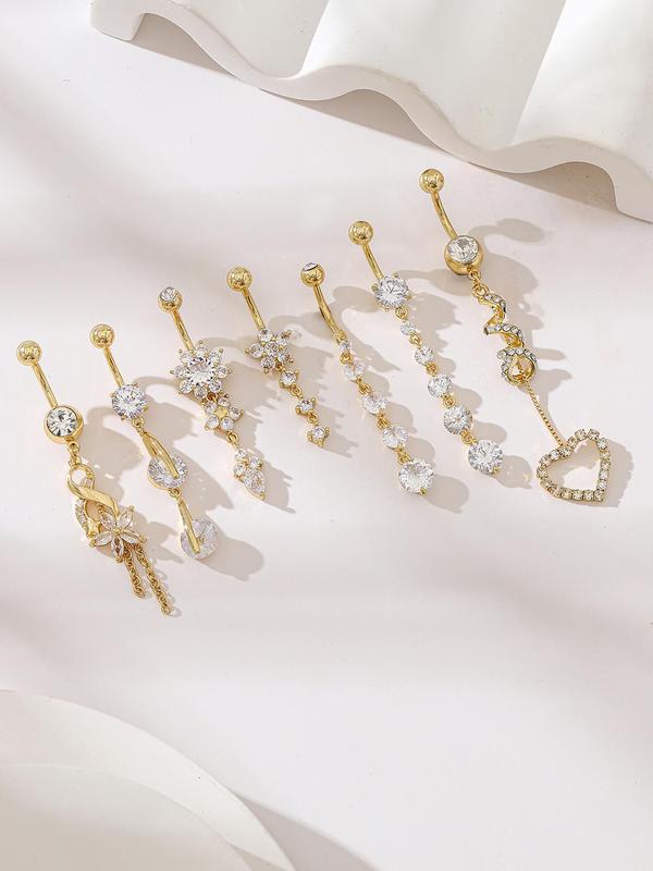 Women's Elegant Rhinestone & Flower & Heart Decor Belly Rings, Exquisite Trendy Belly Piercing Jewelry, Chic Body Jewelry for Party & Daily Decor, Sparkling Zircon Inlay