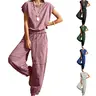 SCUSTY Women's Hollow Out Boho Jumpsuit Bohemian Short Sleeve Drawstring Waist Cuffed Ankle Playsuit Casual Solid Knitted Lounge Set
