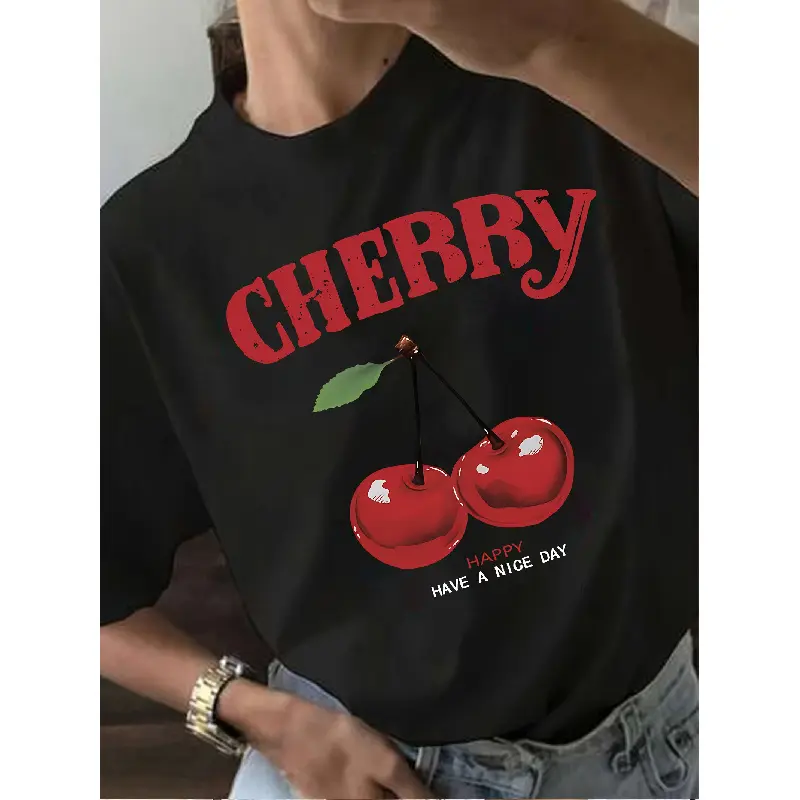 Women's Cute Printed Athletic Top - Short-Sleeve Round Neck, Moisture-Wicking Fabric with Fruit & Cherry Graphic, Shortsleeve, Tshirt