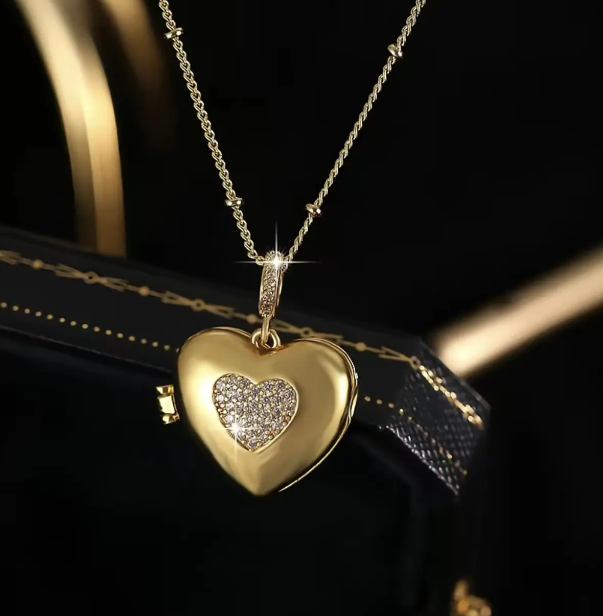 Gold-Tone Openable Heart Locket Necklace with Cubic Zirconia, Photo Memory Pendant, Couple Costume Jewelry Gift for Men & Women