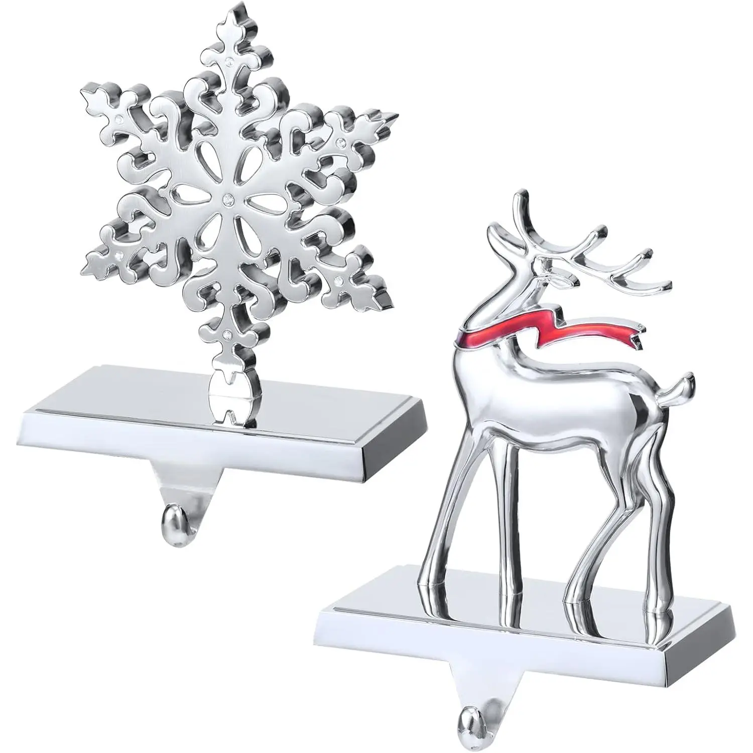 Christmas Stocking Holders, Set of 2 Snowflake & Reindeer Silver Stocking Holder, Weighted Personalized Christmas Stockings Hanger for Mantel, Stocking Hooks for Mantle Fireplace Christmas Decorations