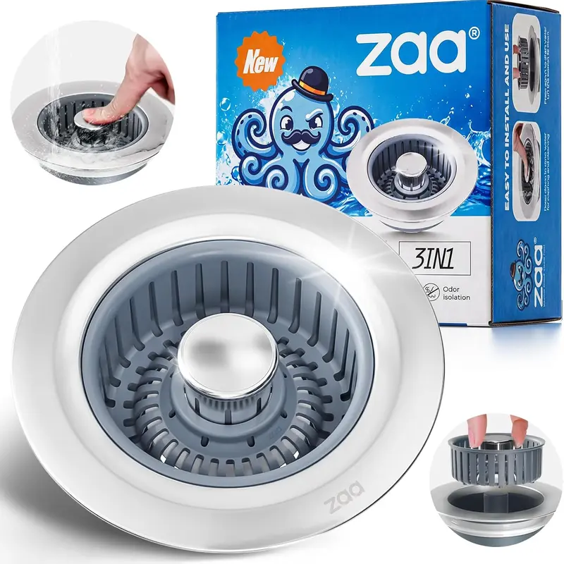 3-in-1 Kitchen Drain Strainer, Stainless Steel Sink Plug & Basket Strainer, Deodorizing Anti-Clog Drain Filter for US Standard 3-1/2 Inch Kitchen Sinks, Easy Cleaning & Anti-Clogging