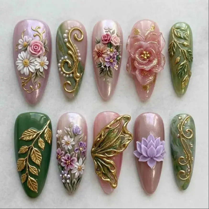 Fairy Garden Press On Nails Set 3D Sculpted Flower, Golden Butterfly Wing & Leaf Hand Painted Gif For Birthday Party, Wedding Nails