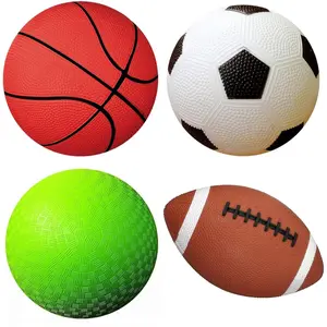 Pack of 4 Toy Sports Balls with 1 Pump for Toddlers and Kids: 5-Inch Basketball, 5-Inch Soccer Ball, 5-Inch Playground Ball, 6.5-Inch Football (Mixed Bundle)