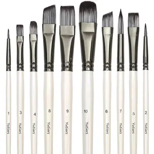 10pcs Professional Artist Paint Brush Set, Handle, Nylon Bristles, Flat & Angled Brushes for Face Painting, Watercolor, Decorative Art, White Handle