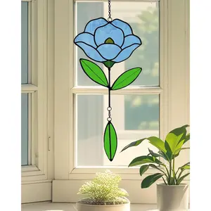 Flower Suncatchers, Stained Glass Window Hangings, Garden Suncatchers for Window and Wall Decor (B-Light Blue)