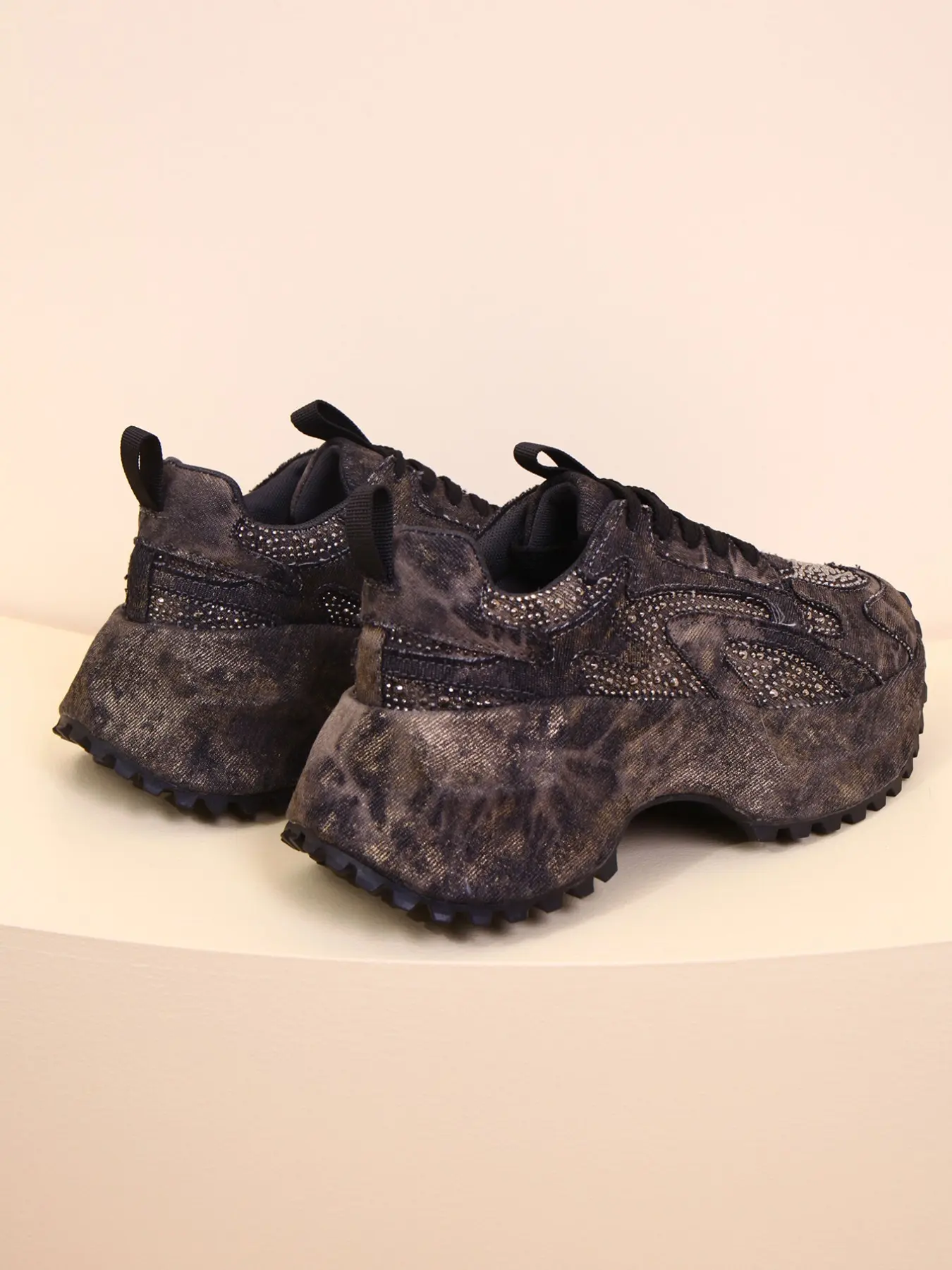 New Fashion Washed Denim Rhinestone Thick Sole Dad Shoes, Height-Boosting Casual Sports Shoes for Short Stature, Versatile Leisure Footwear