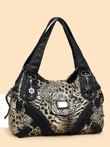 Women's Large Capacity Leopard Print Shoulder Bag, Crossbody Shoulder Bag, Y2K Retro Hobo Handbag, Silver Color Accents, Multiple Pockets, Zip Closure, Ideal for Daily Use & Travel
