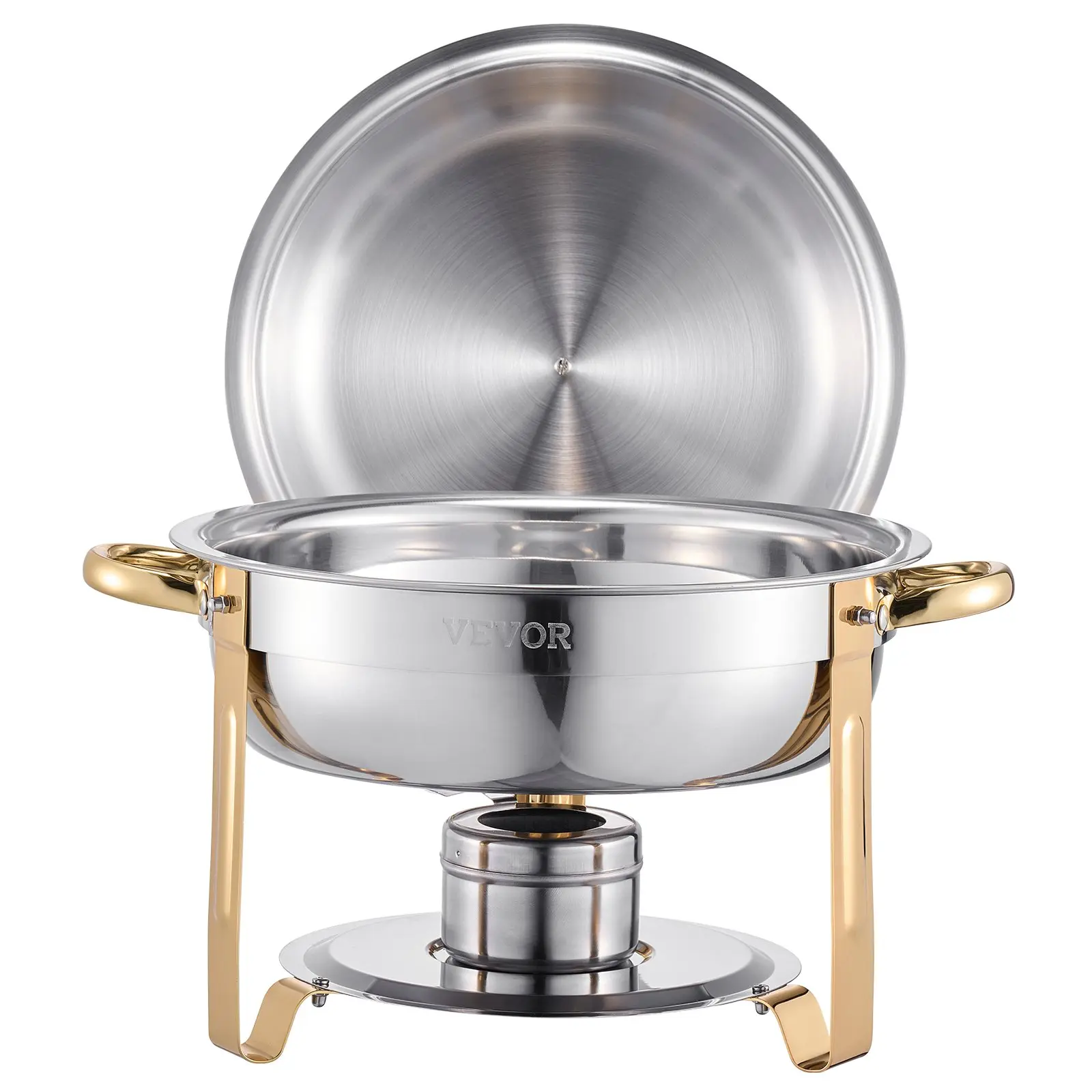 【Summerfinds】VEVOR  Chafing Dish Buffet Set, 5 Qt 4 Pack, Stainless Steel Chafer with 4 Full Size Pans, Round Catering Warmer Server with Lid Water Pan Folding Stand Clip, for Weddings Parties Banquets, Gold, Warm Food, Four Pans
