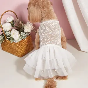 White Lace & Pearl Dog & Cat Dress - Tiered Tulle Skirt Pet Outfit, Elegant Formal Clothing for Small Medium Pets Poodle