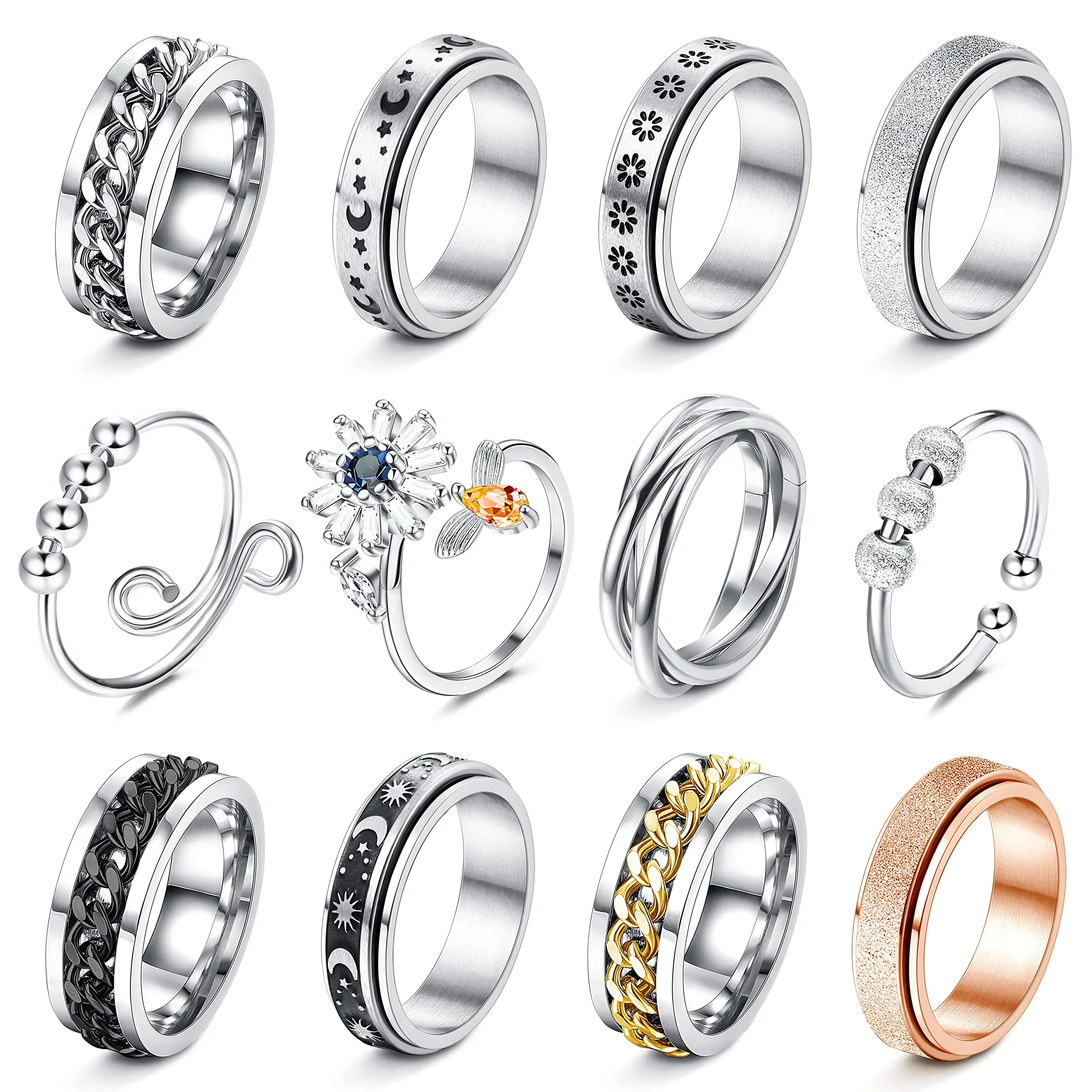 FASACCO 12pcs Adjustable Stainless Steel Stackable Rings - Anxiety Relief Fidget Spinner Jewelry, Anti-Stress Accessory for Women, Trendy Summer Vibes Trendy Jewellery Accessories