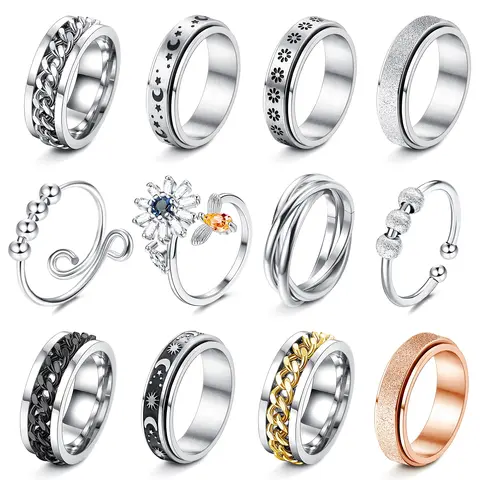 FASACCO 12pcs Adjustable Unisex Stainless Steel Stackable Rings - 12pcs to Rotate Graphic Fidget Rings for Adults, Anxiety Relief Anti-Stress Daily Wear Jewelry Accessory, Trendy Costume Jewellery