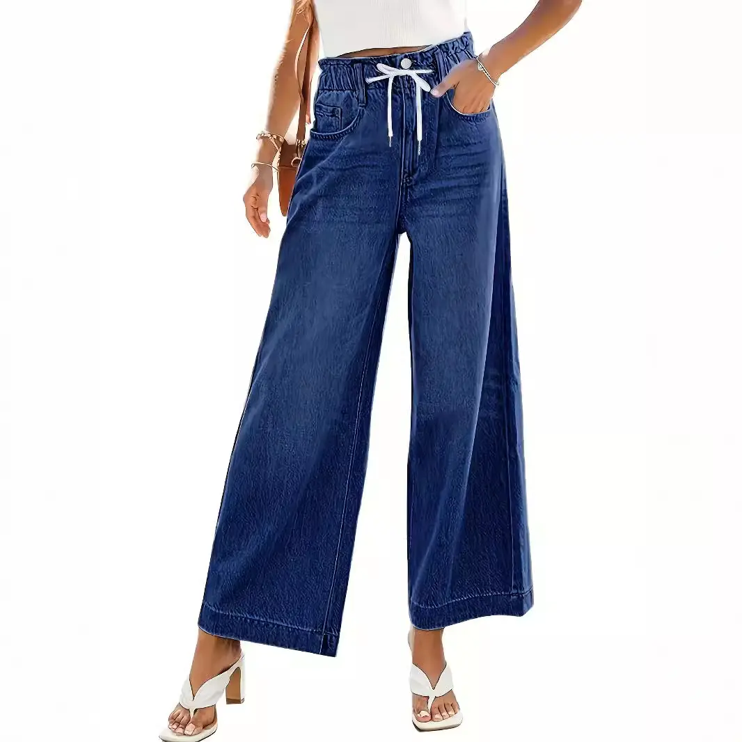 2025 New Women's Elastic Drawstring Wide Leg Straight Jeans