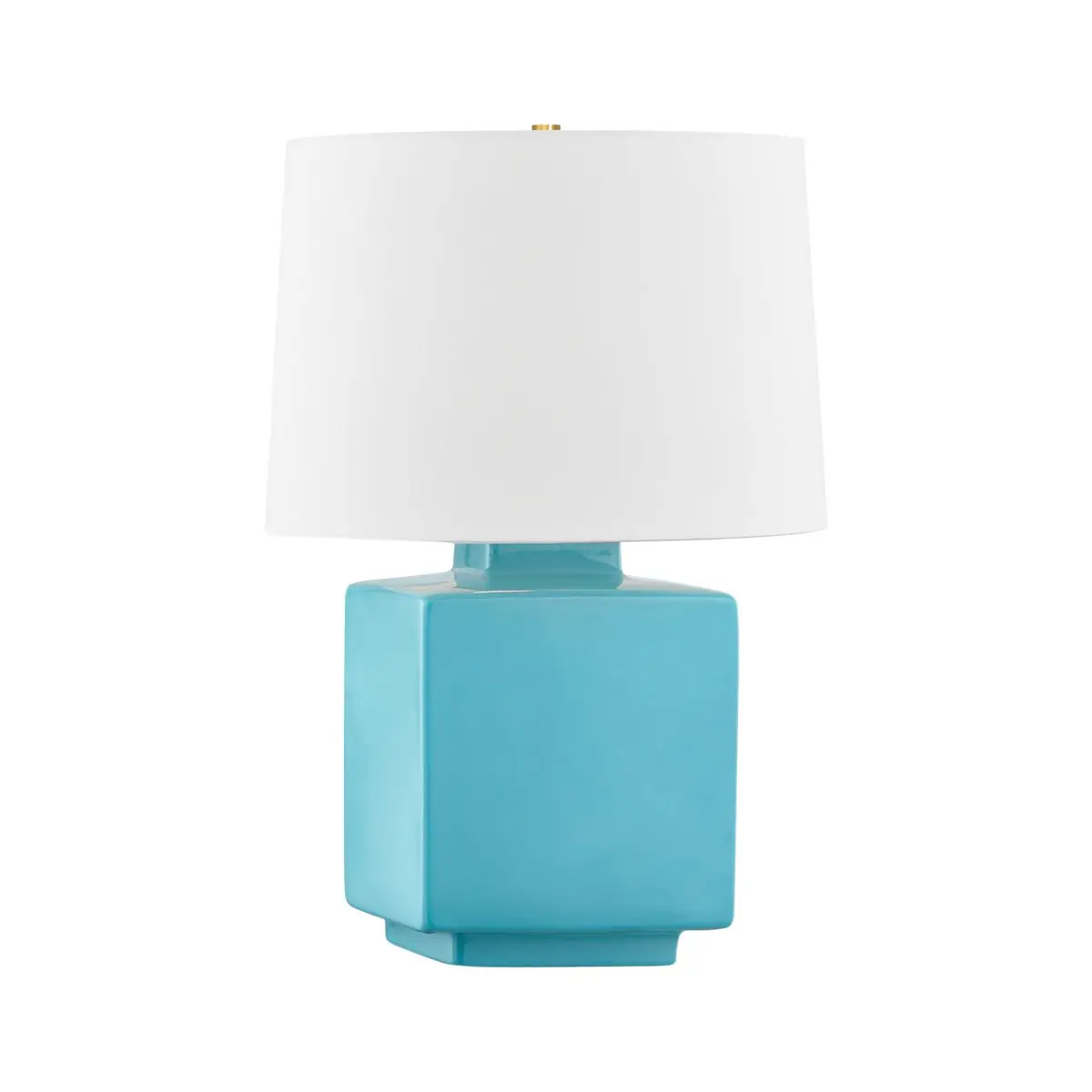 Hawley Table Lamp - Turquoise Ceramic Cube Design with White Linen Shade and Aged Brass Accent