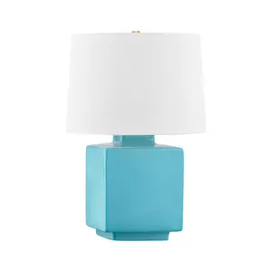 Hawley Table Lamp - Turquoise Ceramic Cube Design with White Linen Shade and Aged Brass Accent