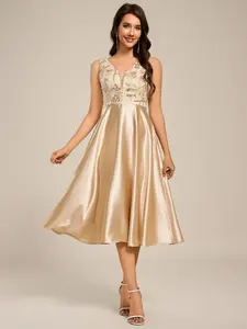 Ever-Pretty Sleeveles A-Line Midi Satin Wedding Guest Dress with Pockets, Comfortable Design, Stylish Fit - Womenswear 0234