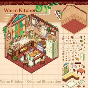Warm Kitchen Scenery 3D Stickers Creative DIY 3D Decorative Healing Home Jigsaw Puzzle Handmade Stickers, 2 Pieces Set