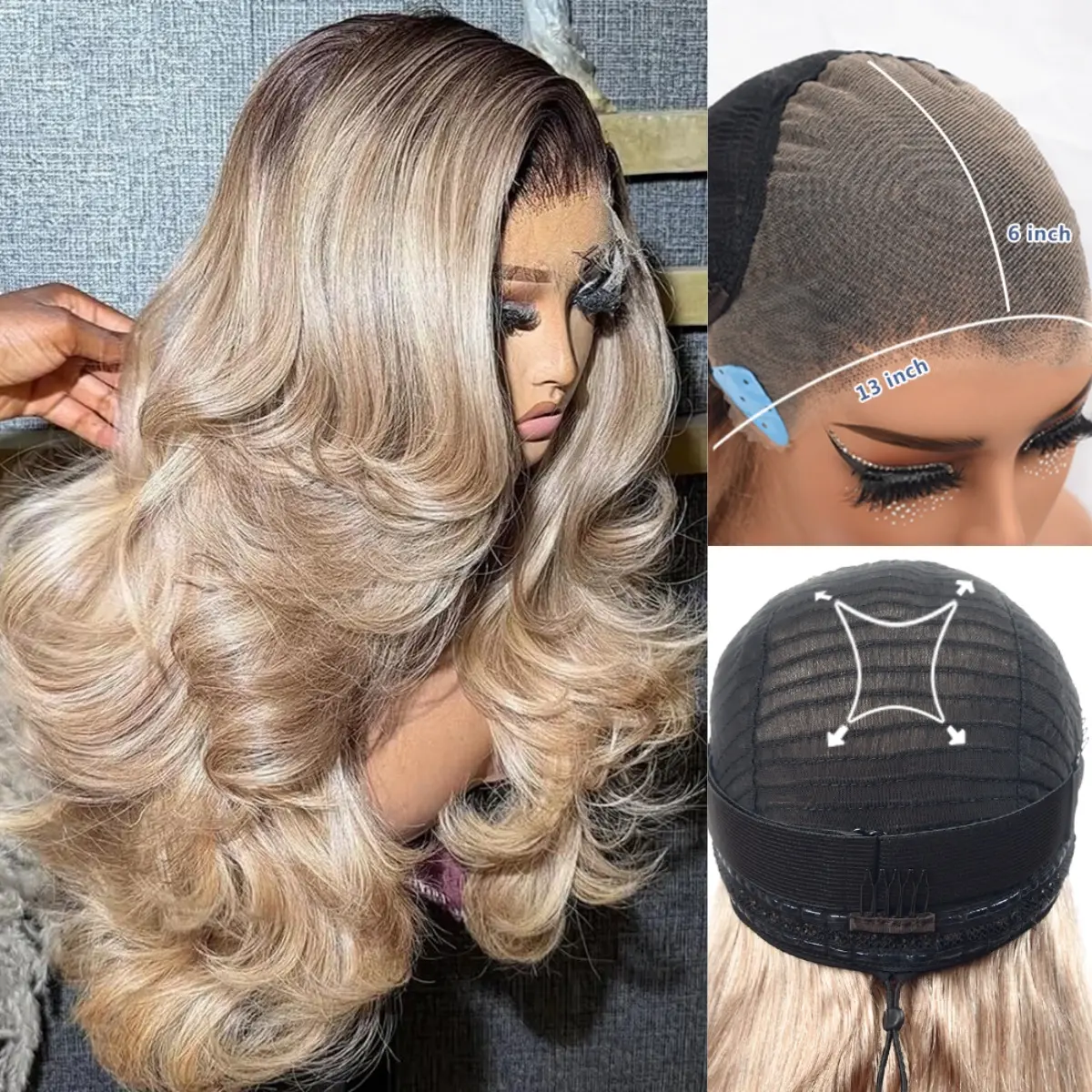 Ombre Blonde 13x6 Drawstring Lace Front Human Hair Wigs 180 Density Ash Blonde with Dark Brown Roots Glueless Body Wave Wig for Women
