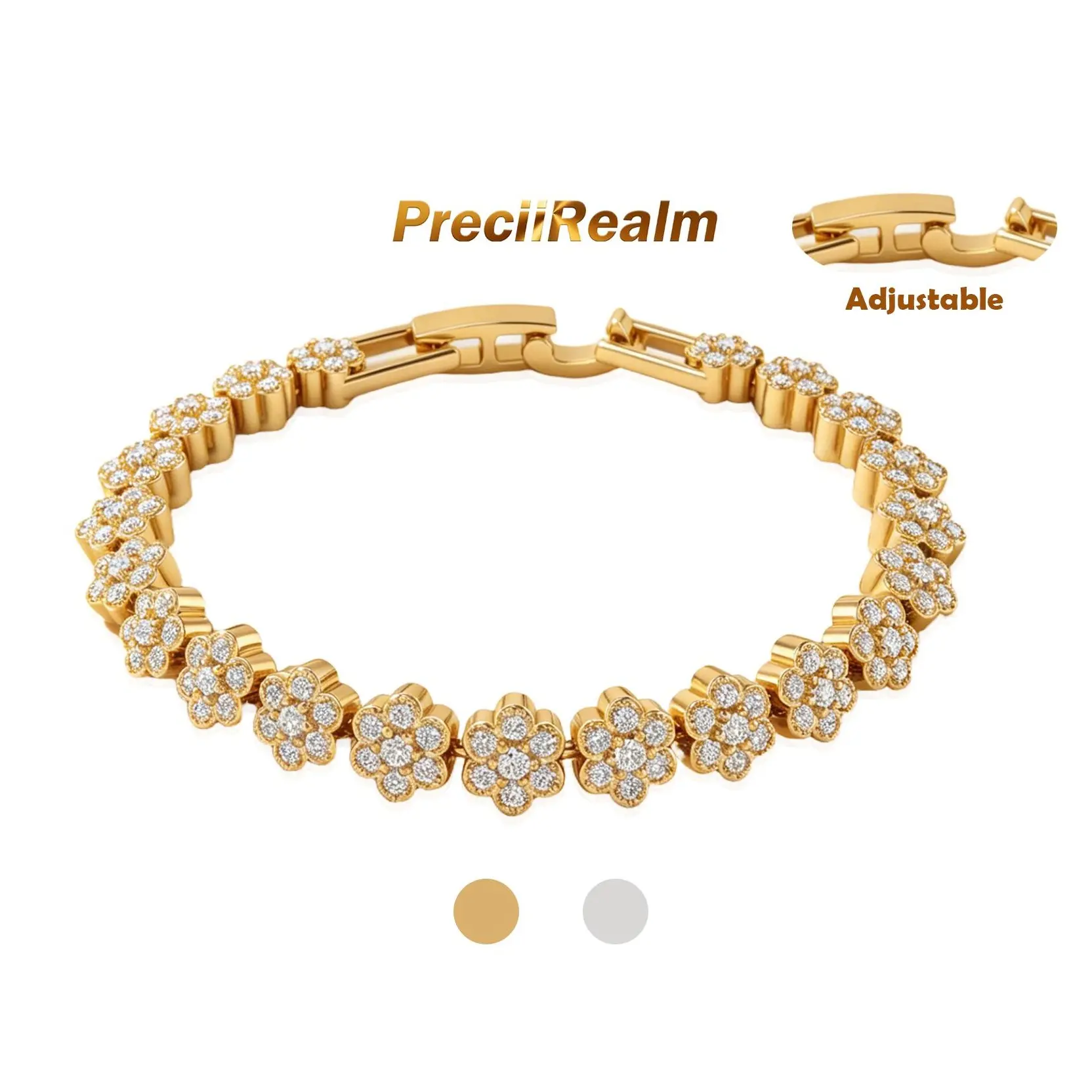 PreciiRealm 14K Gold Flower Four Leaf Clover Bracelet - Clover Bracelets for Women - Cubic Zirconia Classic Tennis Bracelet - Trendy Jewelry Gifts for Women - Adjustable Trendy Jewelry Gifts