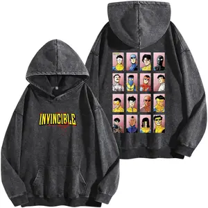 Invincible Multiverse Graphic Washed Hoodie Oversized T-Shirt, Vintage Superhero Shirt with Retro Comic Tee Style, Variant Characters Grid Design for Comic Lover, Casual Streetwear Fit Top for Men and Women