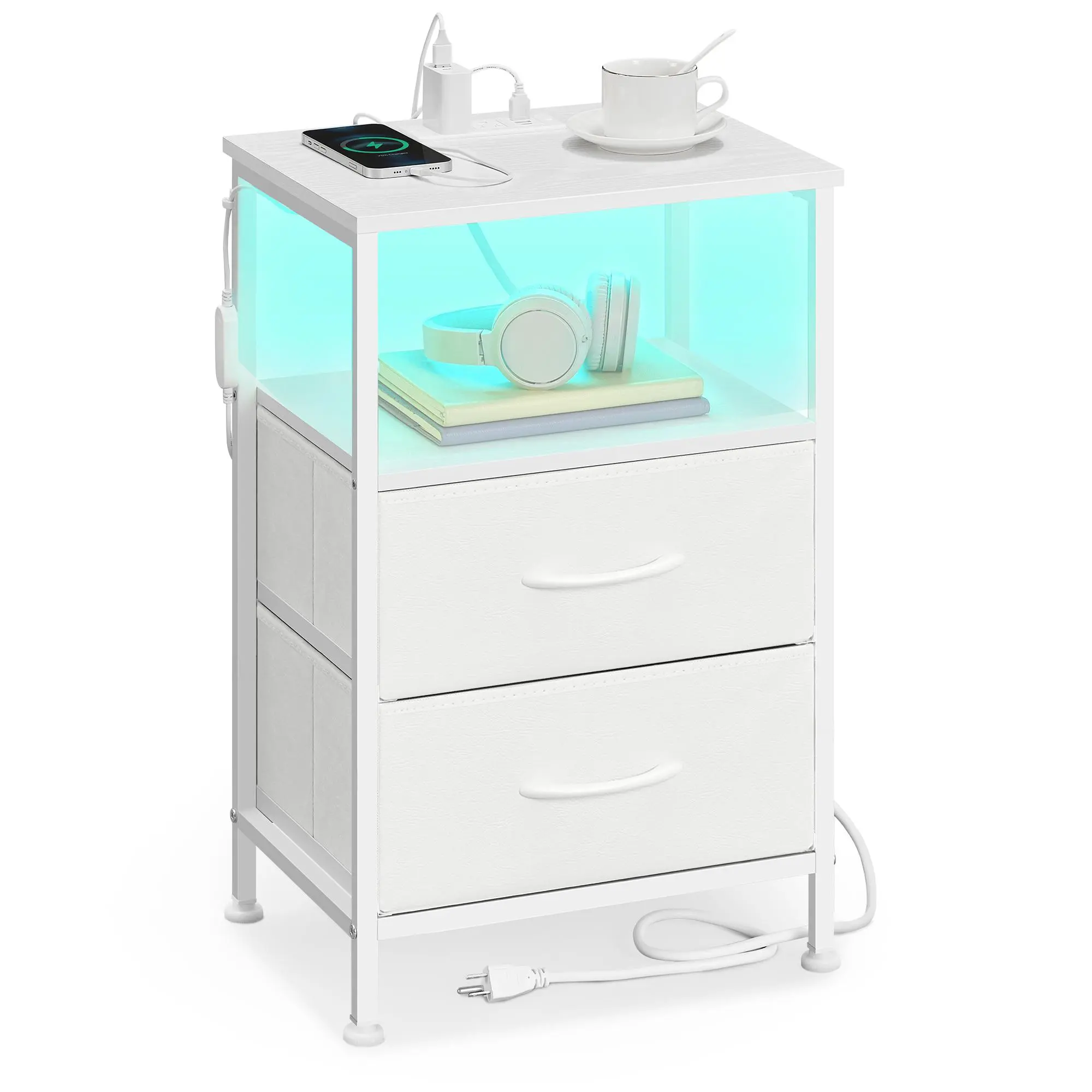SONGMICS BELLAH Collection-Nightstand with Charging Station and App-Controlled Adjustable LED Lights, Bed Side Table, Bedroom, 2 Drawer and 1 Open Shelf
