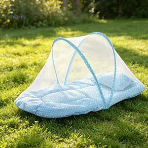 Cute Unisex Newborn Polka Dot Insect-Proof Baby Mosquito Net Tent, Foldable Nursery Travel Crib with Breathable Fabric, Includes Cushion & Pillow, One Size Bed Tent