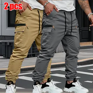 2-Pack Men's Casual Athletic Cargo Pants, Elastic Drawstring Waist & Multi-Pocket Design, Solid Color Slim-Fit Trousers, All-Season Comfort Versatile Premium Tactical Pants for Work & Daily