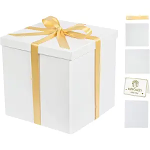 Box, 10x10x10inches Large  Boxes with Lids for Presents, Square Birthday  Box with Ribbon and Card for Wedding,  Shower, Bridesmaid, Christmas, Anniversary