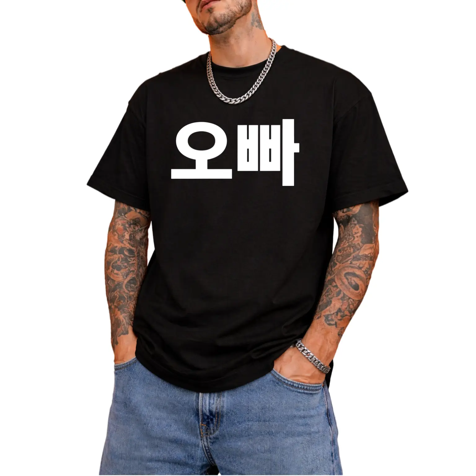 Men's Korean Oppa written in Hangul T-Shirt - 100% Pure Casual Short Sleeve Tee with Korean Brother Graphic, Round Neck Korean Language Top for K-Drama Fans & Casual Attire