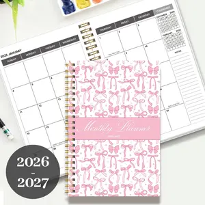 A5 2026-2027 Monthly Planner 24 Month Calendar Notebook Pink Bow Cover Spiral Bound Large Grid Layout