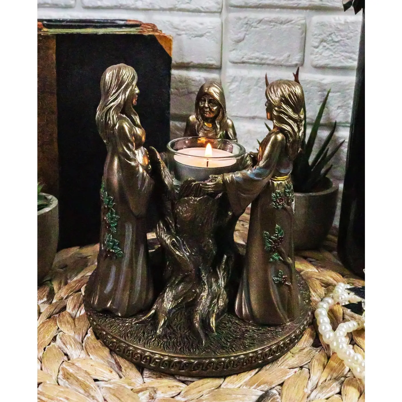 Ebros Occultic Wiccan Triple Goddess Maiden Mother Crone Votive Candle Holder Figurine