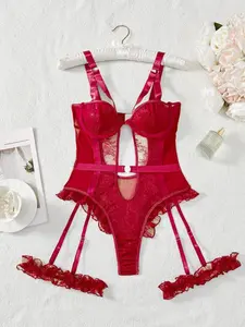 Christmas Sexy Burgundy Embroidered Lingerie Set, High-Quality Comfortable Transparent Bra, Slim-Fit Adjustable Straps, All Seasons Wear, Lace Lingerie Set, Glamour Lingerie Set