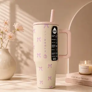 HydroJug 40oz Pink Bow Tumbler with Handle, Stainless Steel Insulated Travel Mug, Leakproof Vacuum Water Bottle