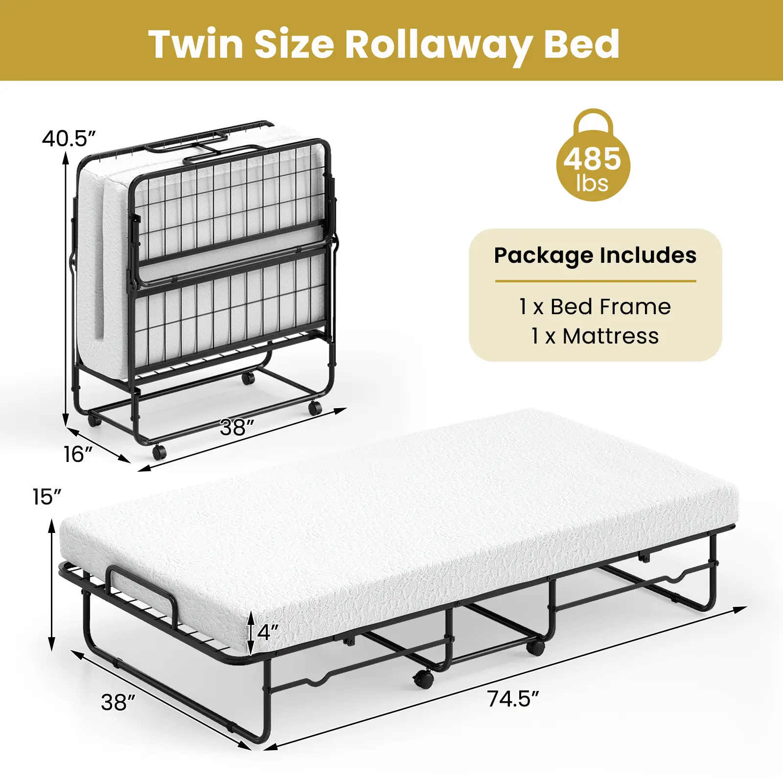COSTWAY - Twin Size Folding Bed with Memory Foam Mattress and Heavy-duty Metal Frame COSTWAY - Twin Size Folding Bed with Memory Foam Mattress and Heavy-duty Metal Frame