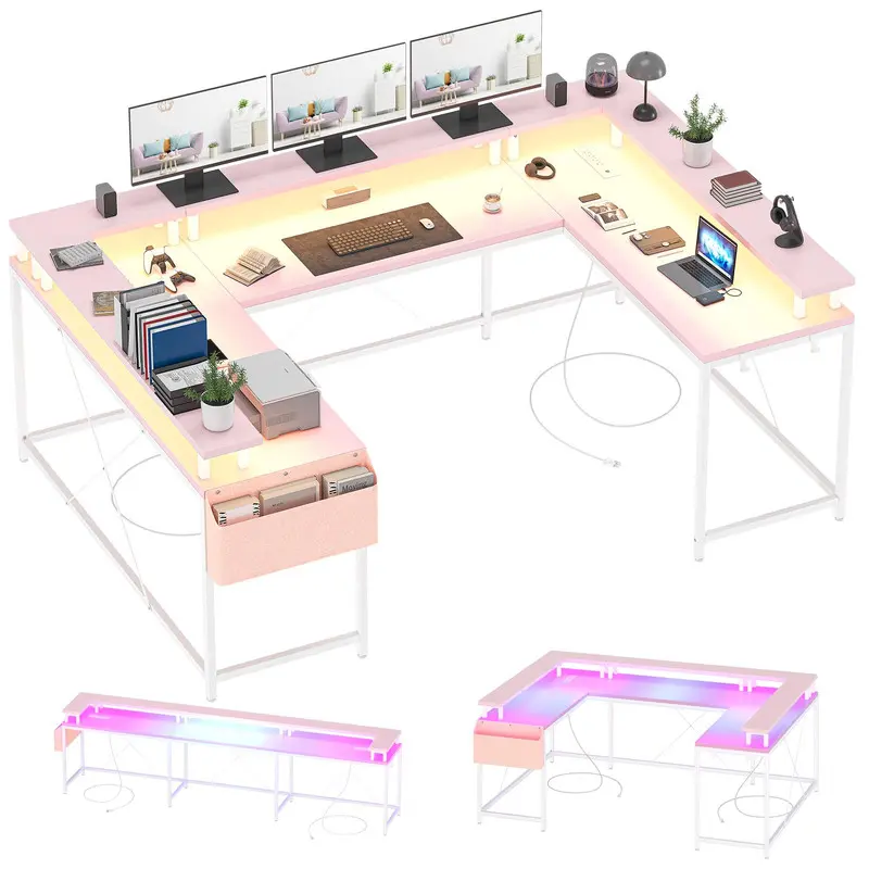 Modern Pink Metal U-Shaped Gaming Computer Desk - Reversible L-Shape, 600 lbs Capacity, Power+USB Ports, RGB LED Strip, Multi-Monitor Stand, Storage Shelves - Home Office Furniture