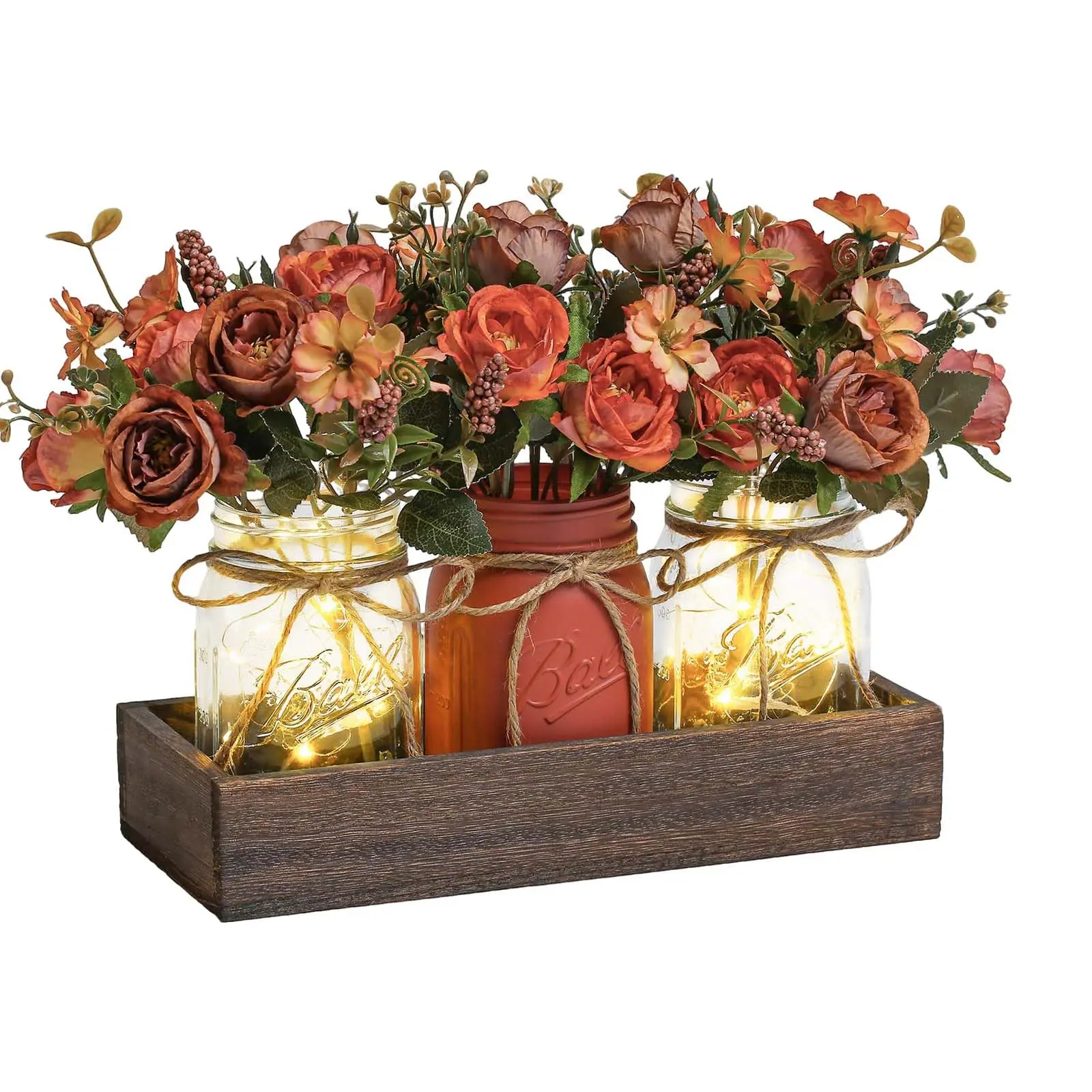 Garvee Set of 3 decorative jars with wooden tray, artificial flowers in vase, and small vases for elegant table decoration in dining room, kitchen, or living room