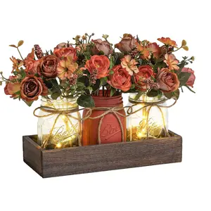 Garvee Set of 3 decorative jars with wooden tray, artificial flowers in vase, and small vases for elegant table decoration in dining room, kitchen, or living room