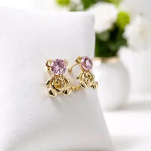 Gold Teddy Bear Pink Crystal Huggie Earrings – Cute Minimalist Jewelry, Unique Gift 14 laminated