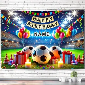 1PC,2D Flat Customizable Soccer Theme Happy Birthday Backdrop, Personalized Name Football Party Decoration Cloth, Kids Birthday Party Photo Background Curtain, Sports - style Birthday Scene Layout Wa