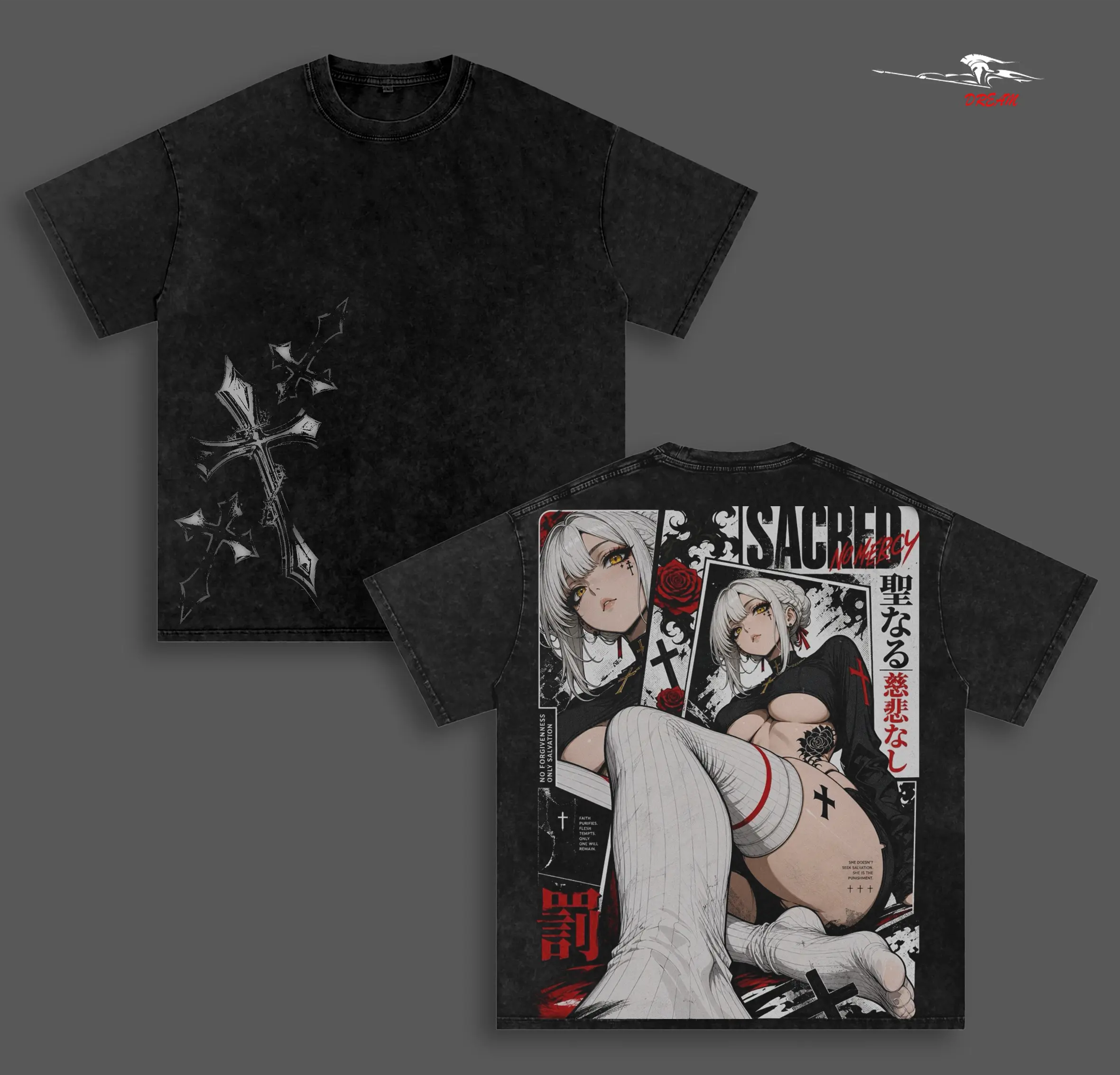 Salvation Is Not Given Anime Double Printed Vintage Washed Tee Unisex Oversize Heavyweight Cotton T-shirt for Anime Fans and Lovers