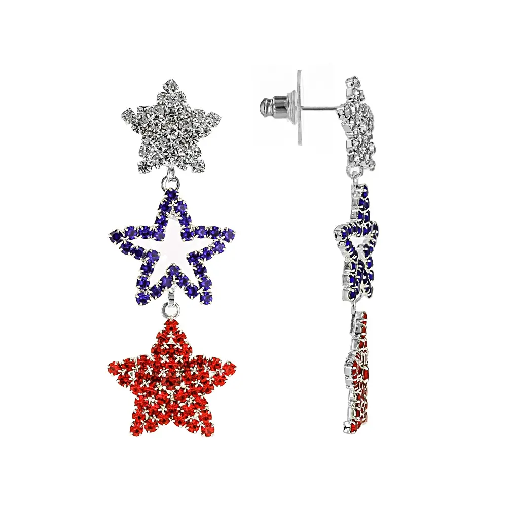 JTV Star-Shaped Red, White & Blue Crystal-Accent Dangle Earrings - Silver Tone, Push Backs, Non-Natural Crystal Dangling Earrings, Crystal Accents