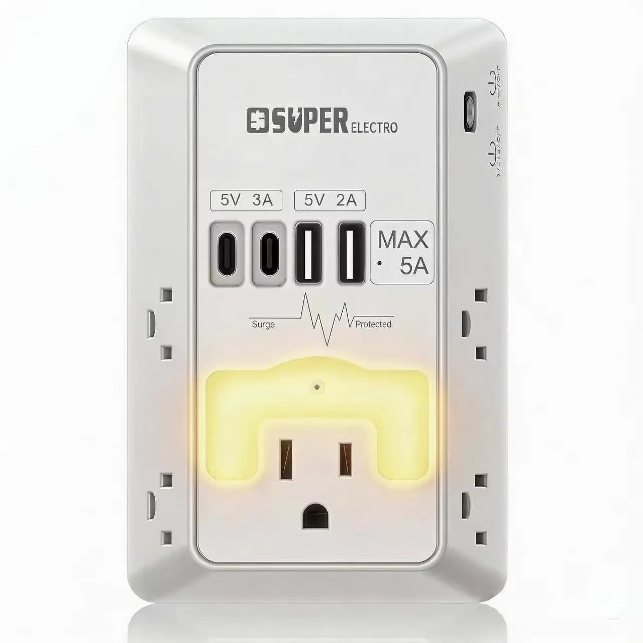 Multi Plug Outlet Surge Protector -Super Electro 5 Outlet Extender with 4 USB Charging Ports (5V 5A),with Night Light,3-Sided 1200J Power Strip Multi Plug Adapter for Home