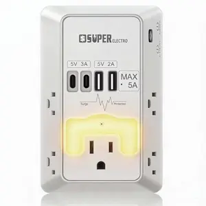Multi Plug Outlet Surge Protector -Super Electro 5 Outlet Extender with 4 USB Charging Ports (5V 5A),with Night Light,3-Sided 1200J Power Strip Multi Plug Adapter for Home