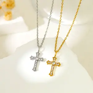 Retro diamond cross necklace European and American style hip-hop simple high-end temperament all-match necklace for men and women Unisex Polished Cross Pendant Necklace
