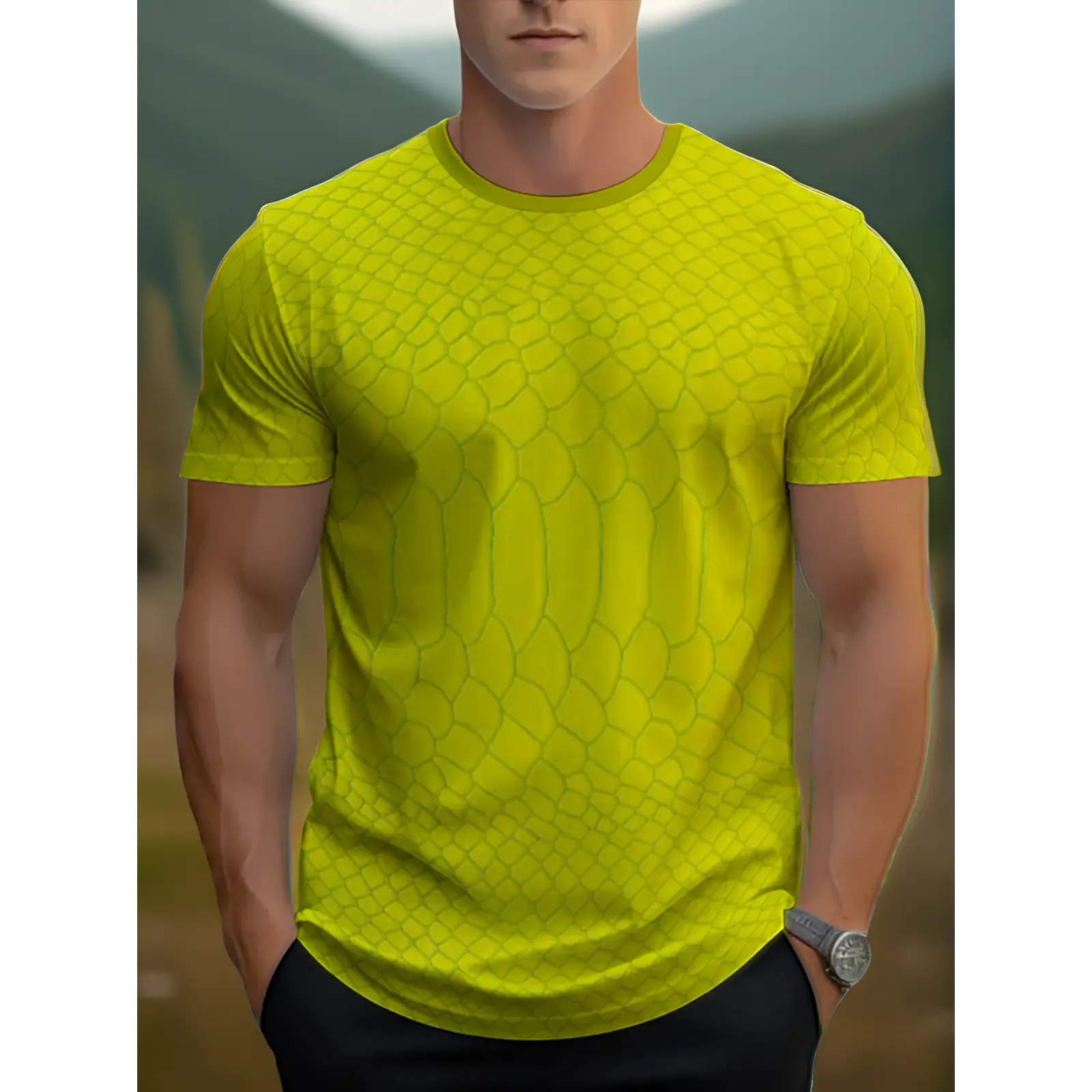 Men's Lime Green Snake Print Short Sleeve T-Shirt - Full-Body Snake Scale Design, Lightweight Breathable Polyester Round Neck Casual Shirt Suitable for Outdoor & Casual Attire, Wr for - (Machine Washable)