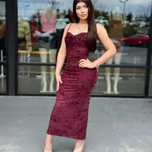 Maxi Dress for Dinner Date - Burgundy Velvet with Floral Embroidery and Spaghetti Straps