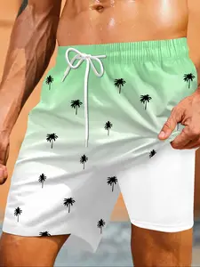 Men's All Over Print 2 in 1 Drawstring Waist Beach Shorts, Casual Quick Drying Swim Shorts for Summer, Men's Swimwear for Beach Vacation