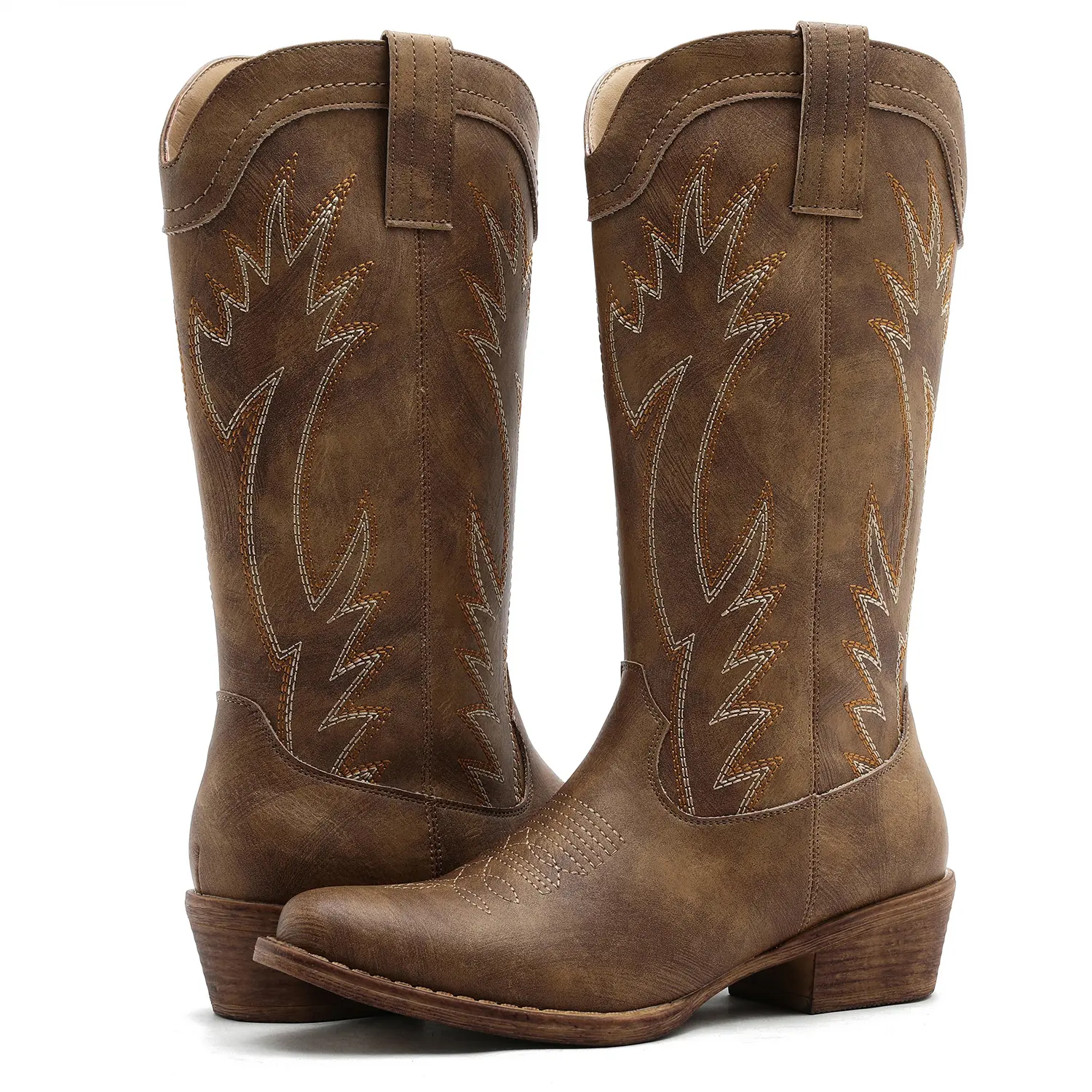 Globalwin Women’s Square Toe Cowgirl Boots Classic Mid-Calf Brown Cowboy Boots With Embroidered Stitching Low Heel Comfortable Western Boots For Country Outfits