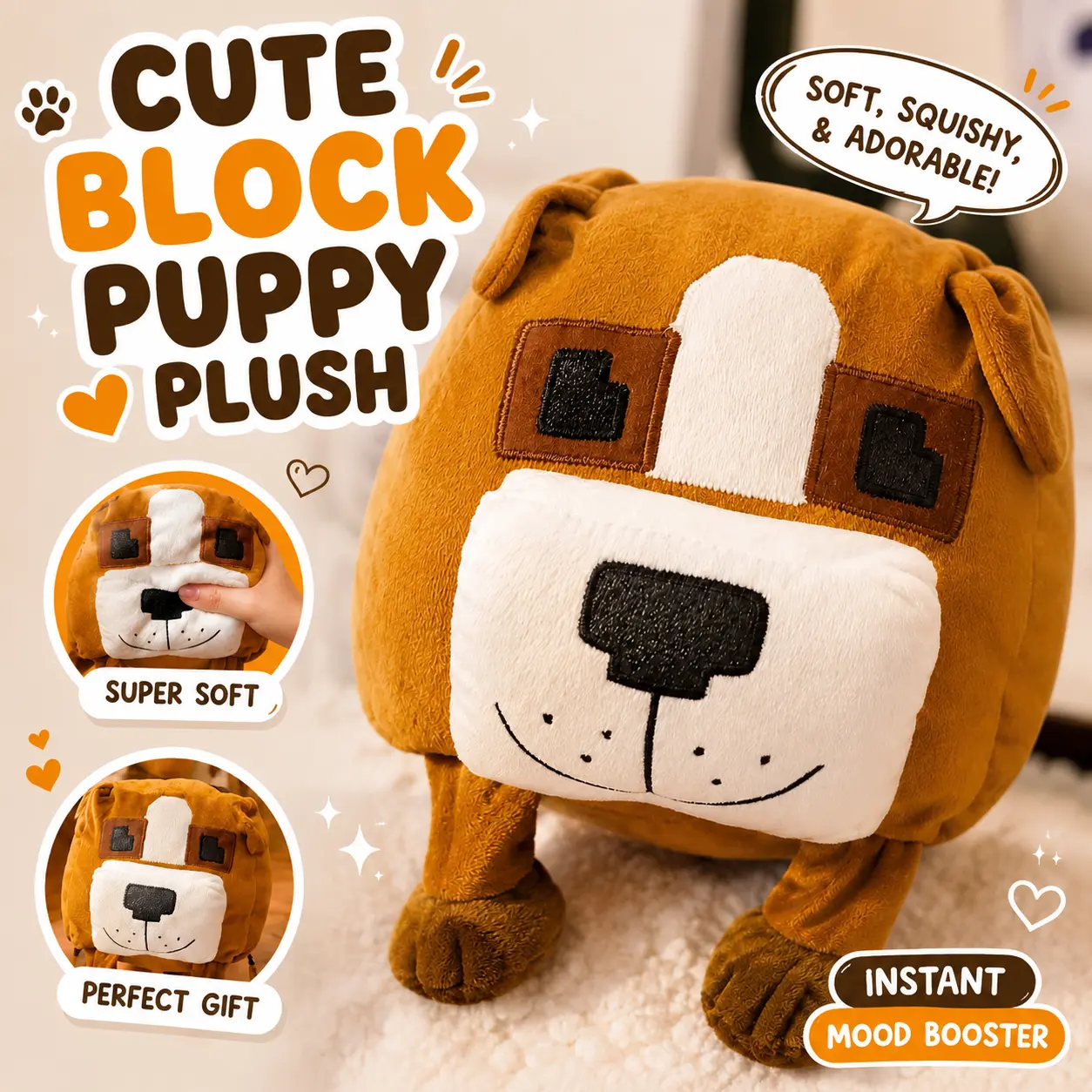 Cute Block Puppy Plush – Super Soft Cuddly Dog Stuffed Toy & Pillow