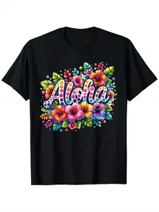 Men's & Women's Plus Size Hawaiian Aloha Tropical Flower Print T-Shirt - 100% Cotton Relaxed Fit Short Sleeve, Vibrant Hibiscus & Plumeria Design, Hawaiian Lettering - Hawaiian Vacation Beachwear, Christmas Thanksgiving Halloween Gift Black Breathable